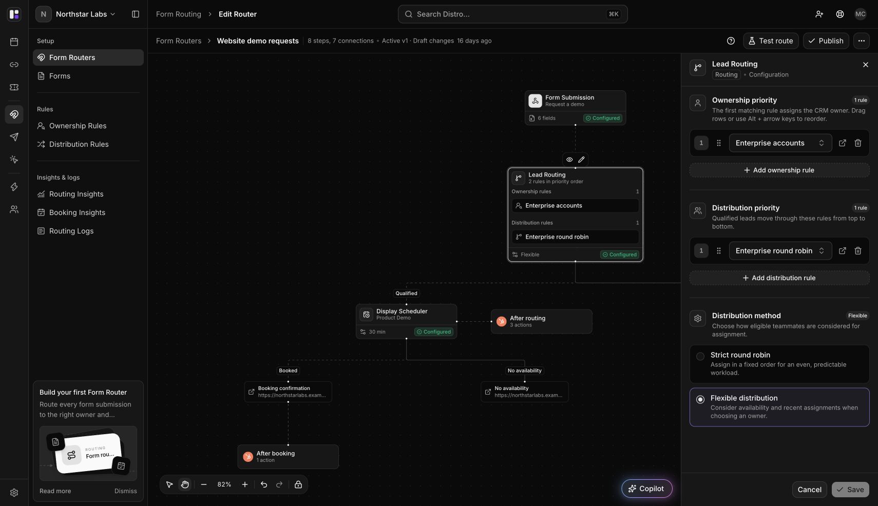 Lead Routing settings in dark mode with ownership priority, distribution priority, and the distribution method selector.