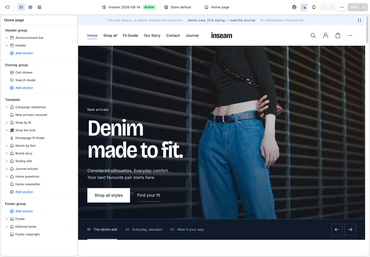 Inseam theme editor: sections on the left, storefront preview on the right.