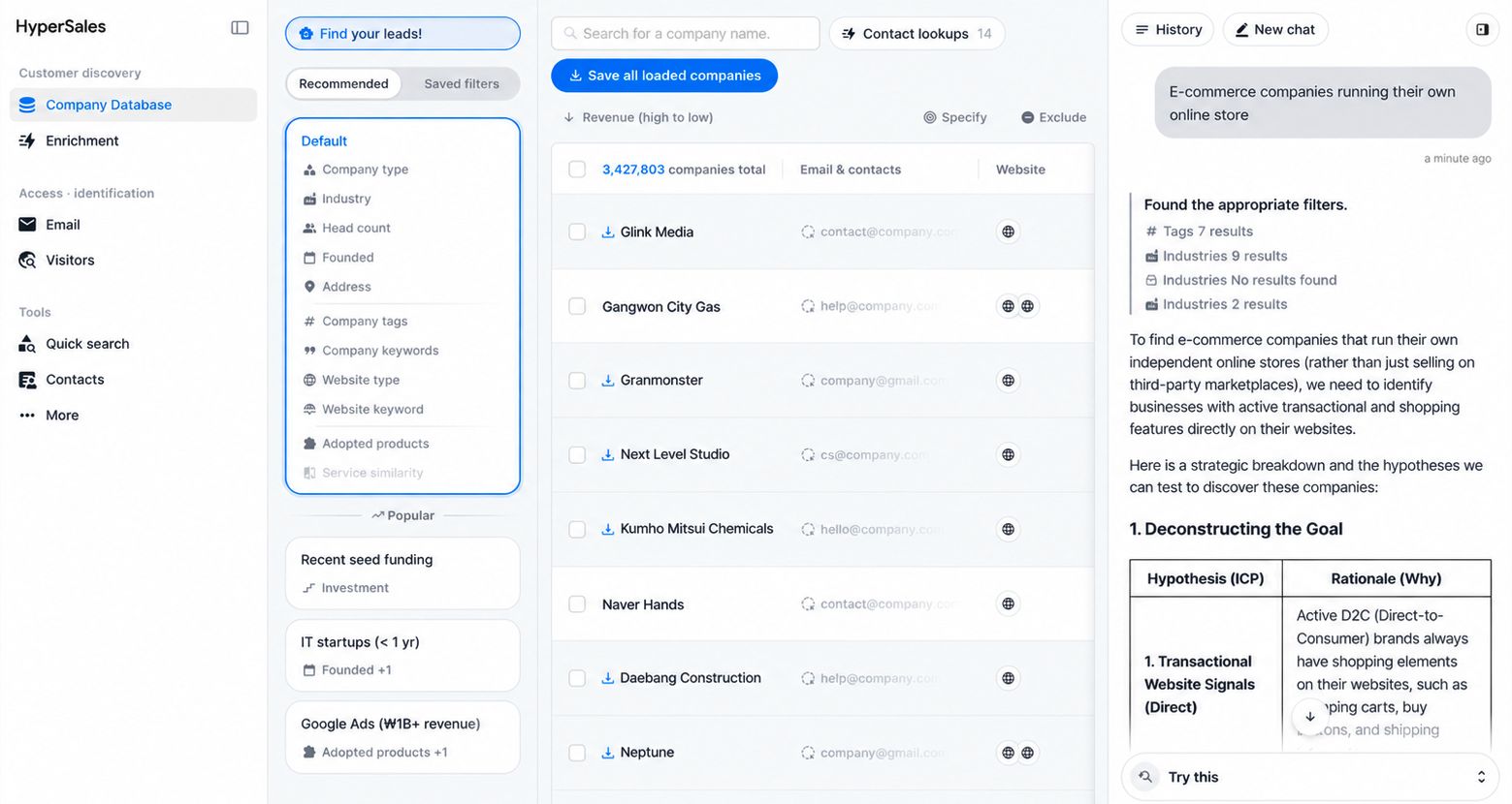 English Company Database with search filters, company results, and an English Sales Copilot response