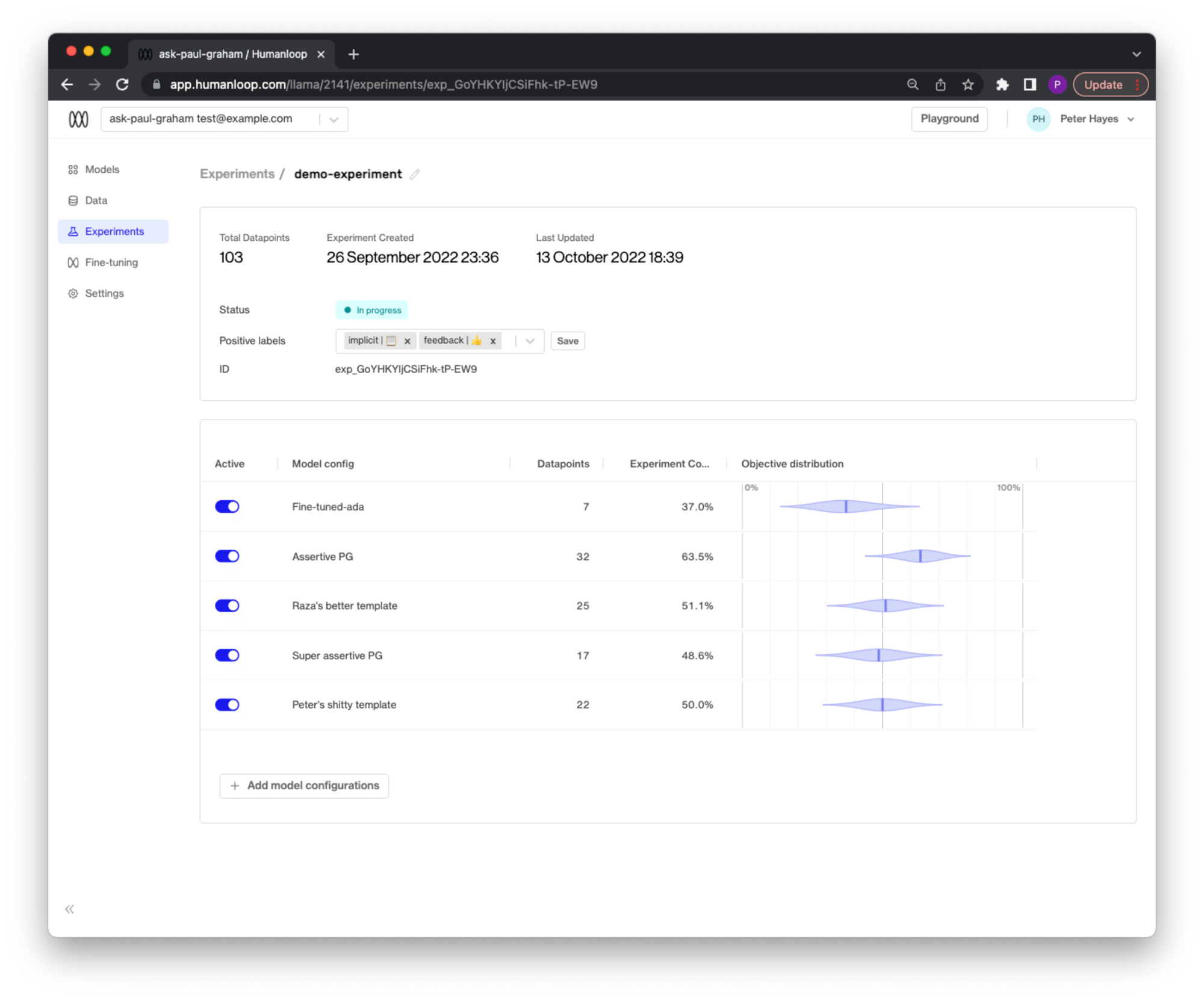 You can toggle on and off existing model configs and choose to add new model configs from your project over the lifecycle of an experiment