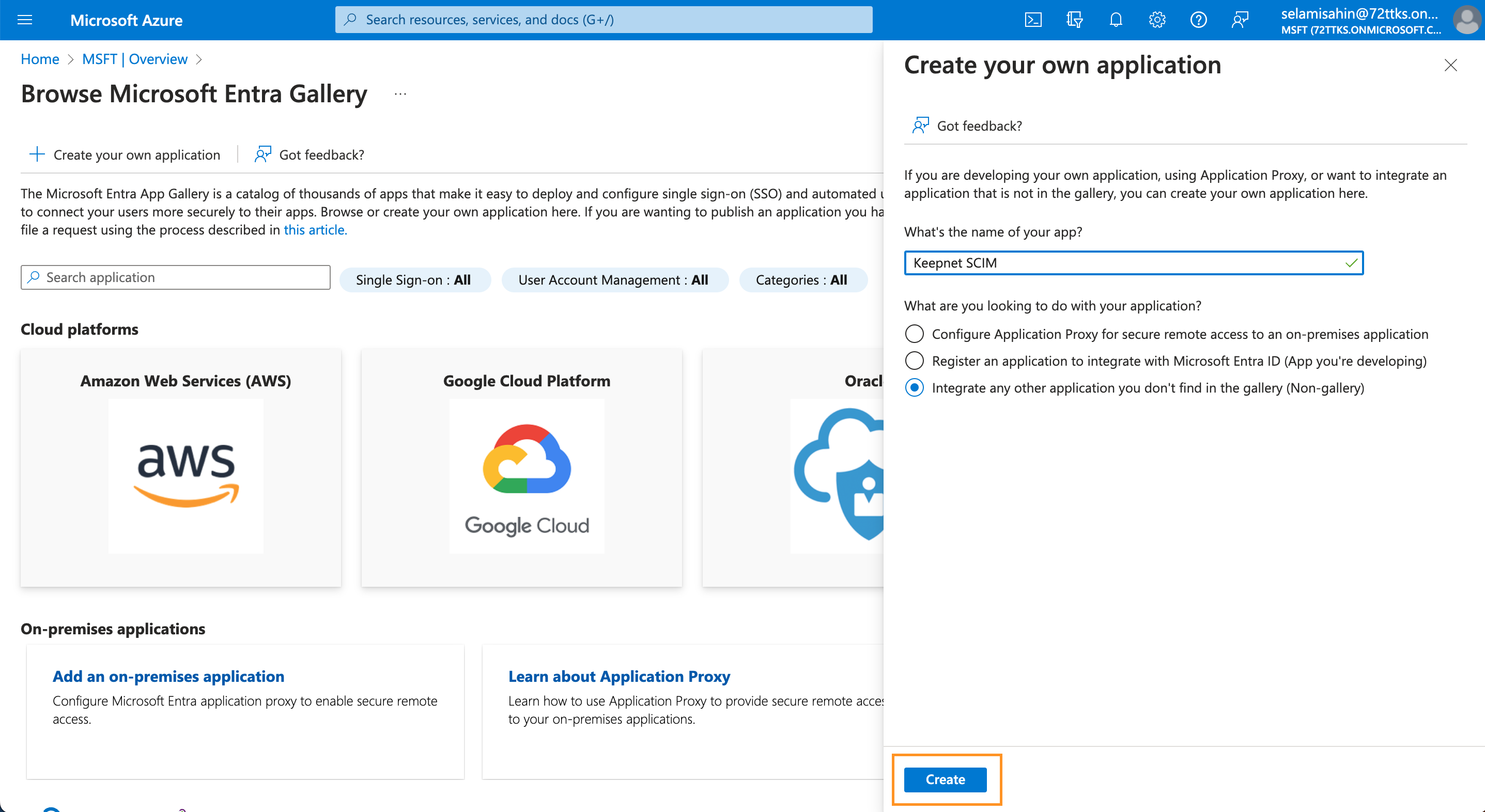 Create your own application — name and Non-gallery option.