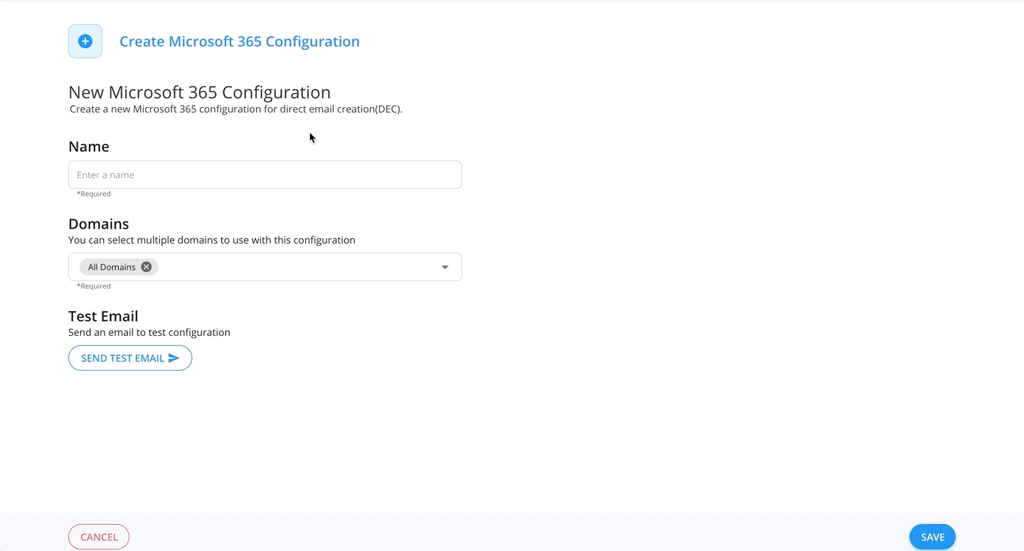 Connect Account and DEC configuration — name, domains, test email.