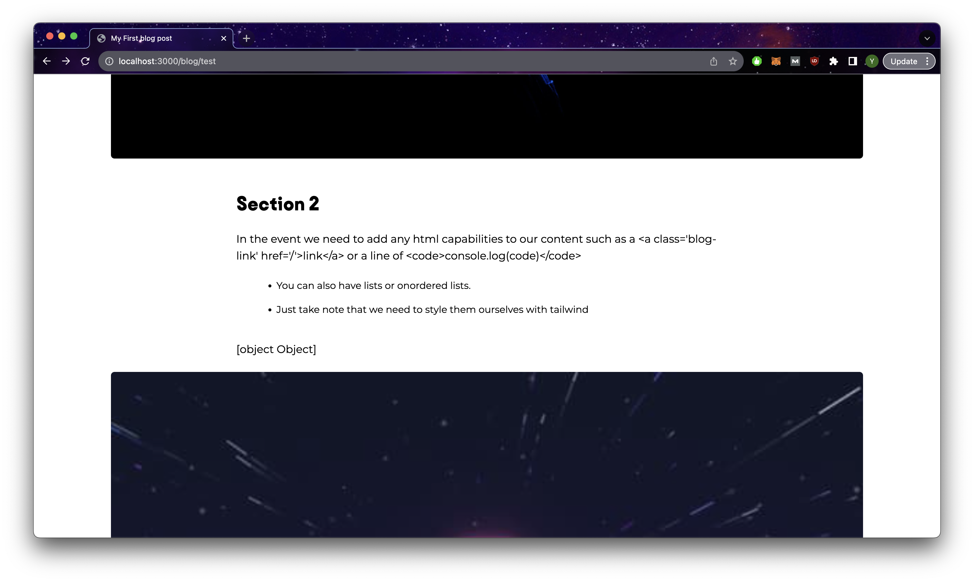 Blog page with broken content