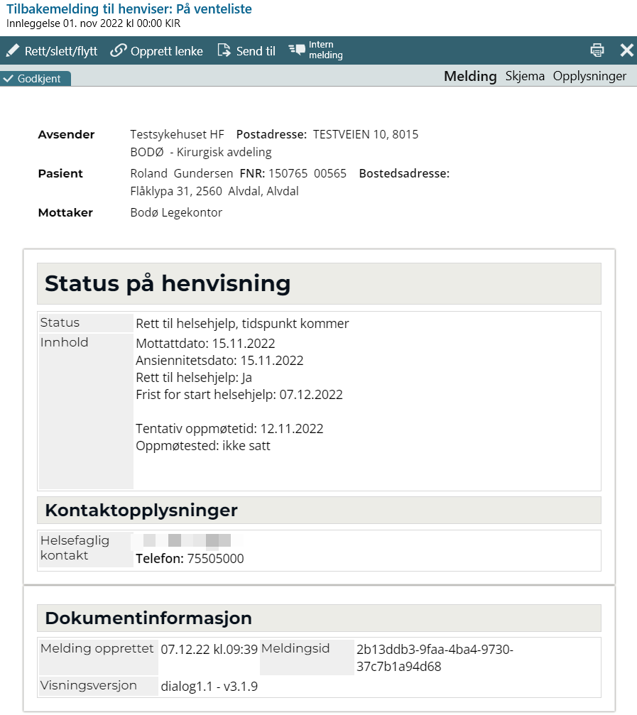 Tilbakemelding til henviser – send melding