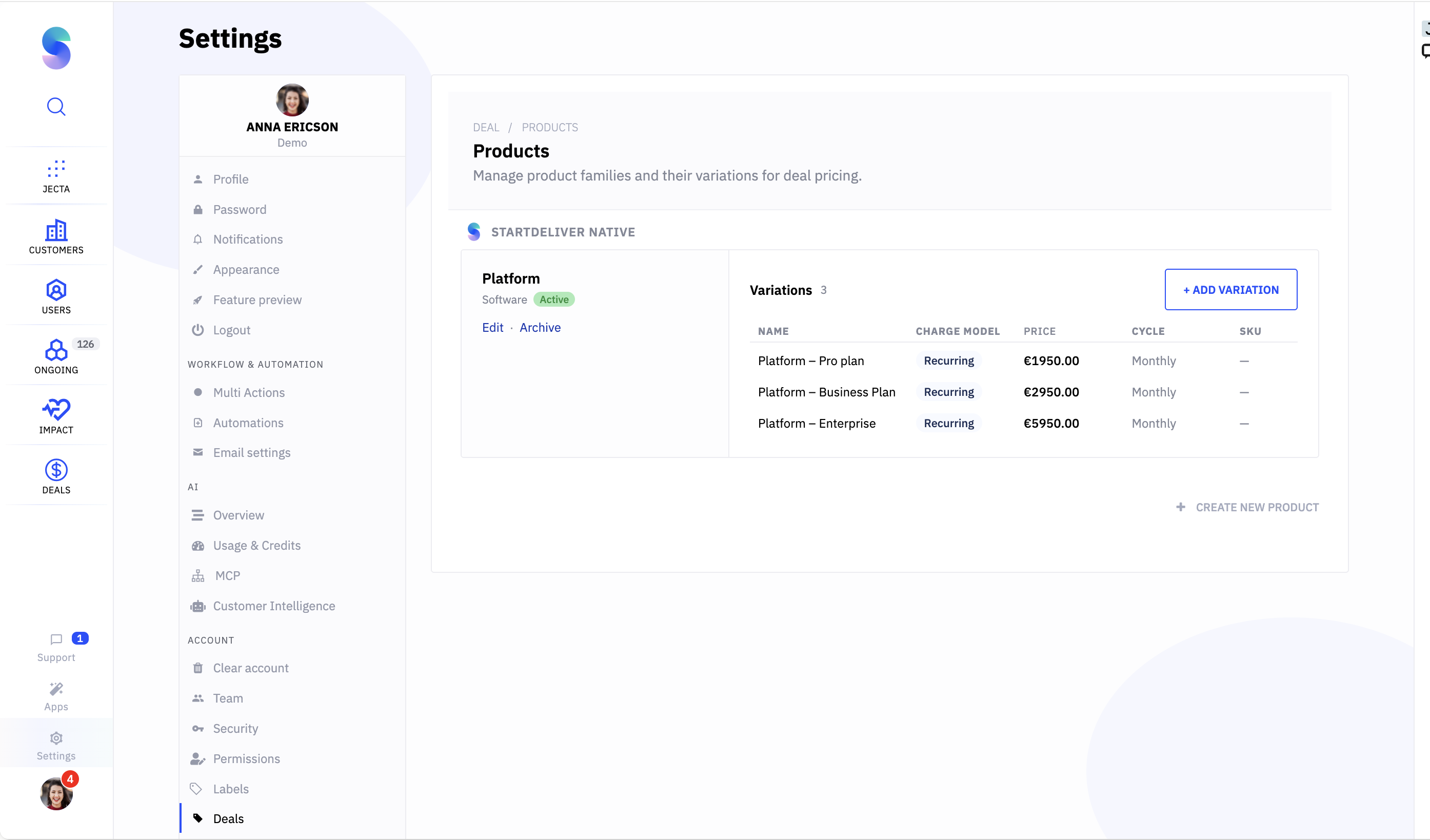Settings → Deals → Products