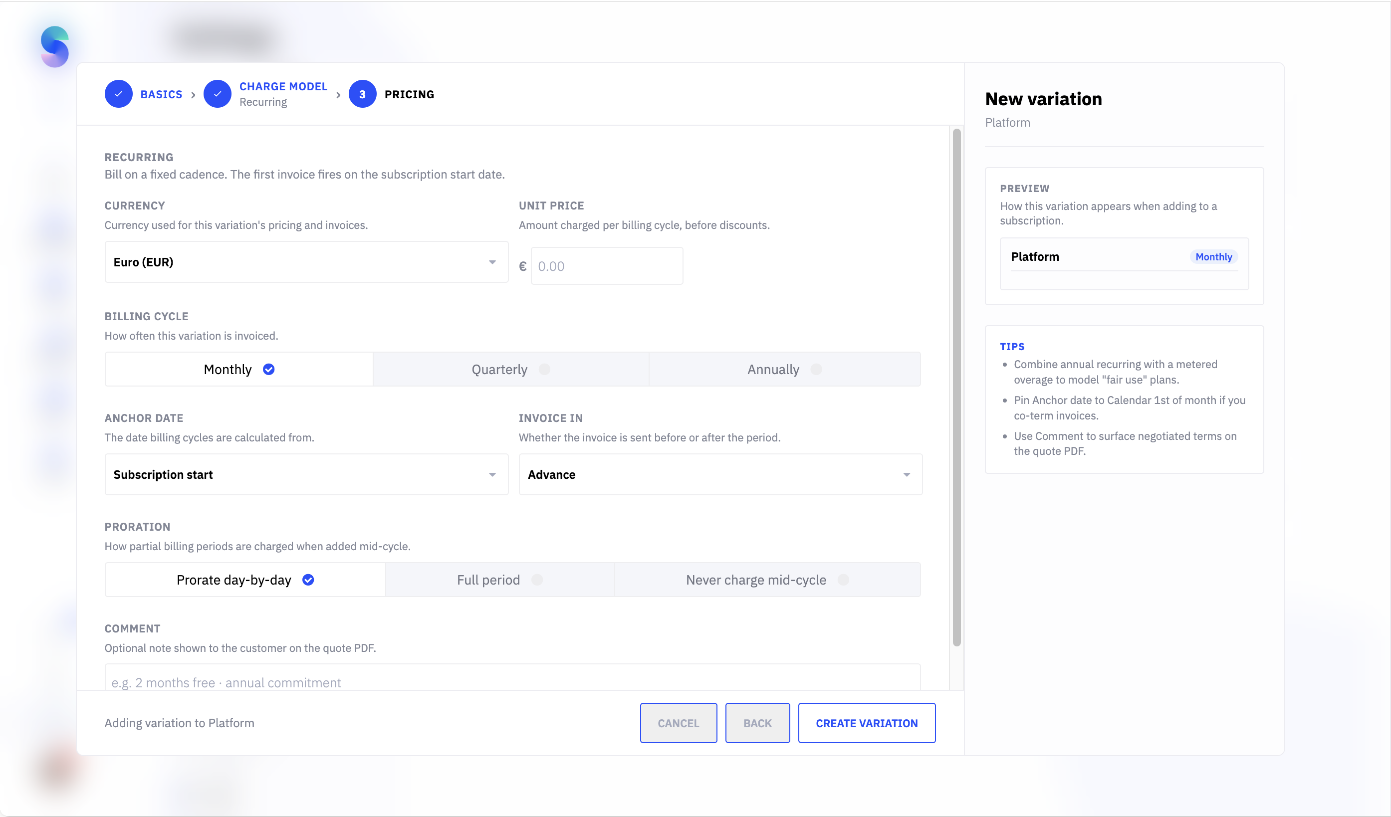 The Pricing step of the Add variation window