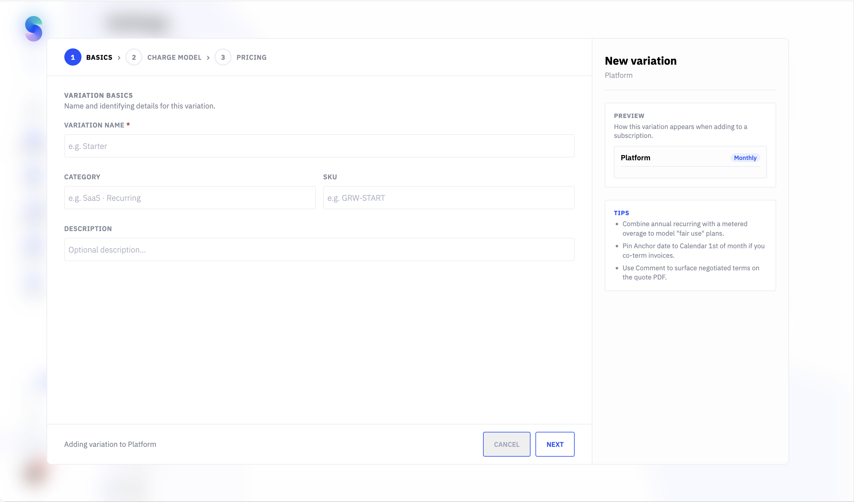 The Basics step of the Add variation window
