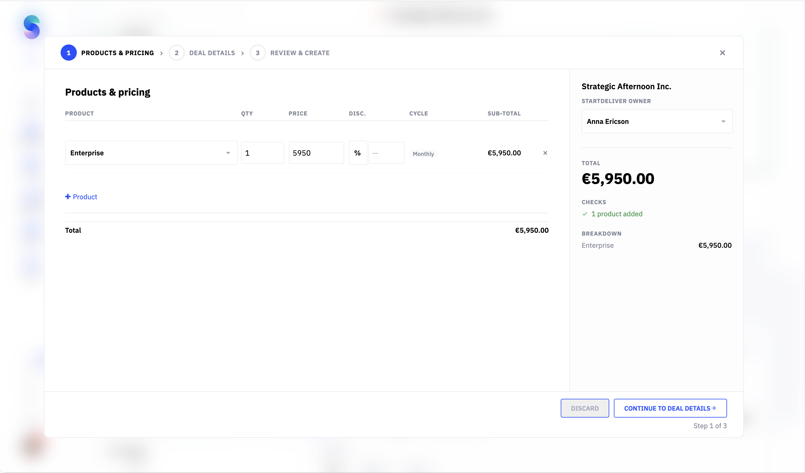 Step 1 of the Create deal window: Products & pricing